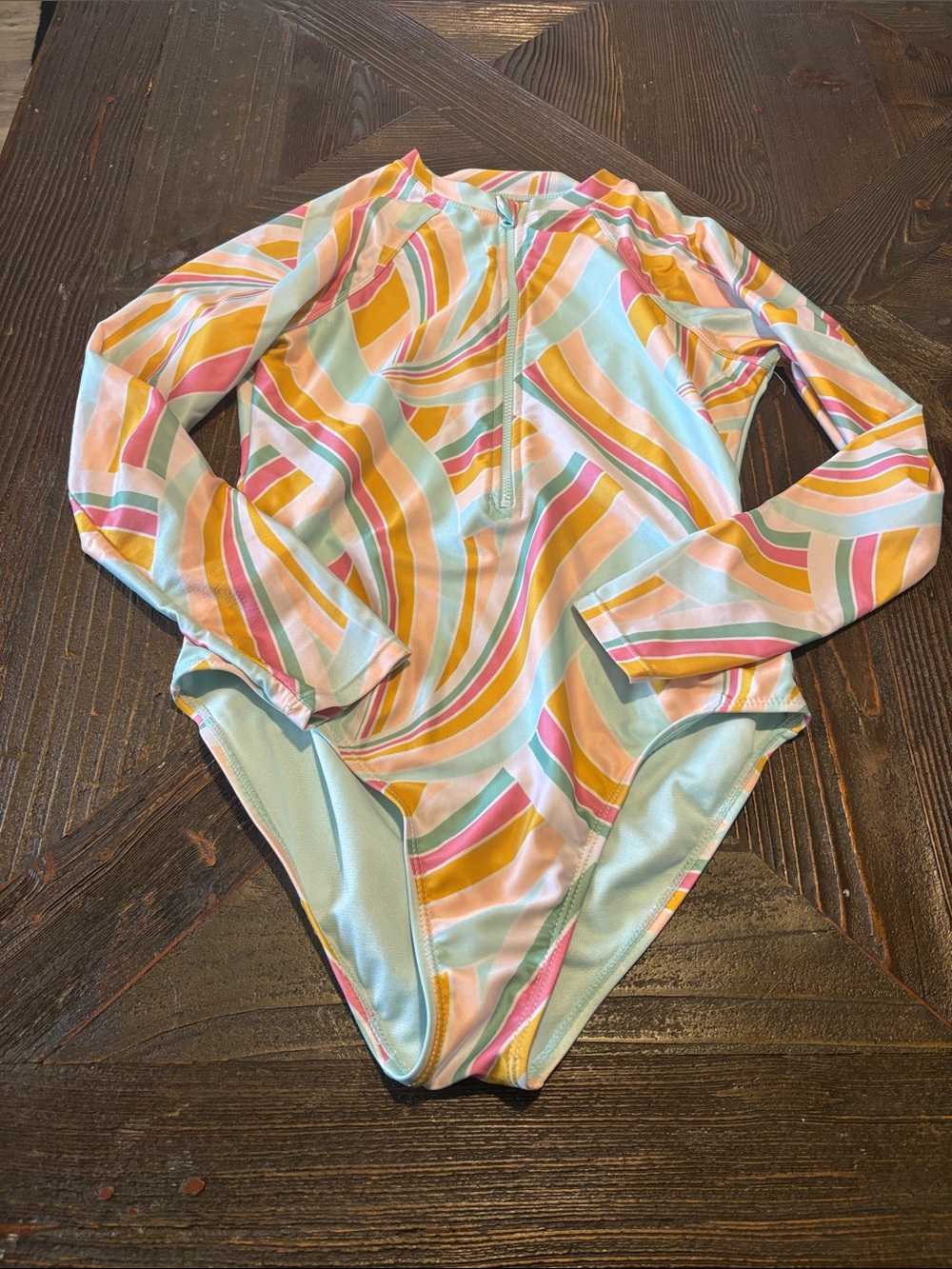 wonder nation Long-Sleeve Rashguard Swimsuit in Light Blue, Pink, Yellow